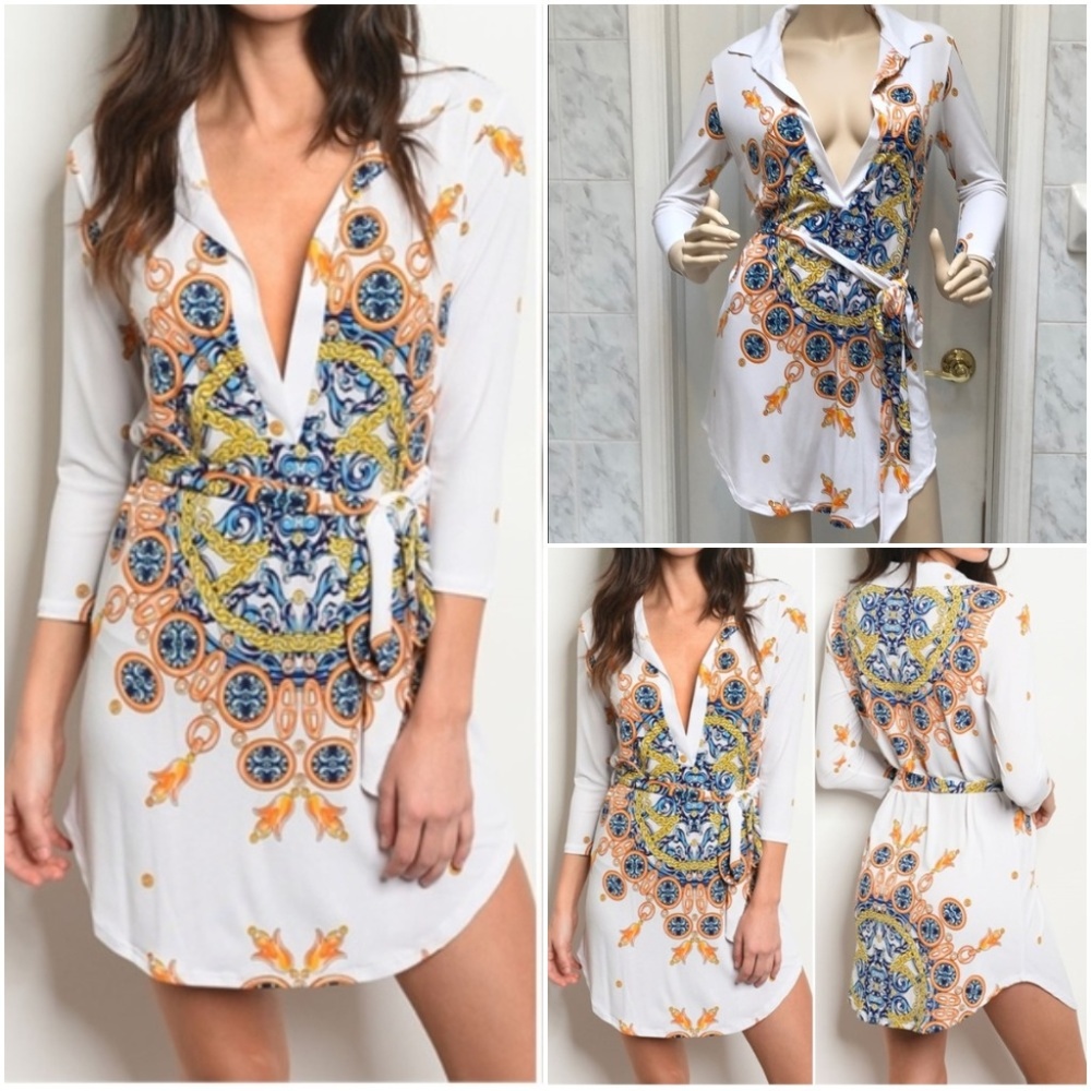 V PLUNGE WHITE PRINT DRESS & BELTED TIE AT WAIST